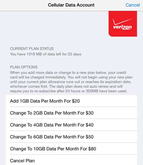 Cancel Plan screen