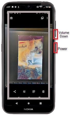 Press and hold the power and volume button