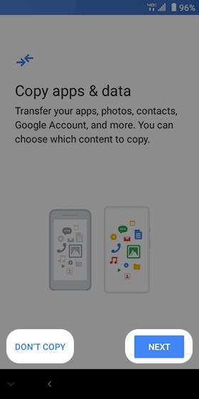 Copy apps & data screen