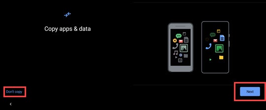 Copy apps & data screen