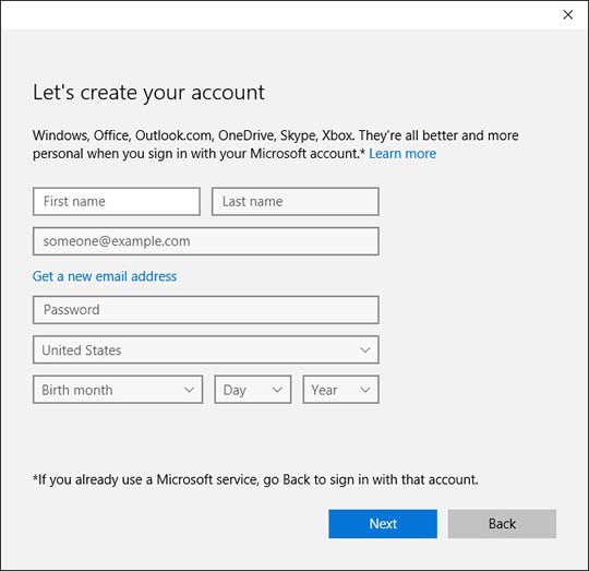 Let's create your account screen with available fields