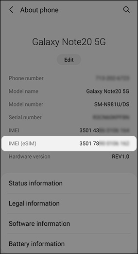 Samsung Devices - View Digital SIM (eSIM) IMEI