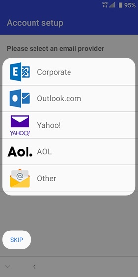 Email account setup screen
