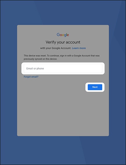 Verify Google account screen