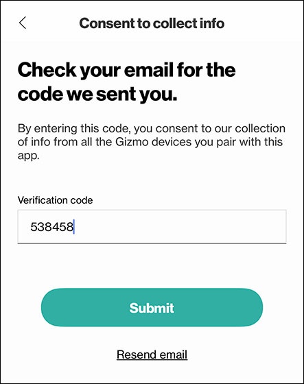 Enter the security code received via email then tap Submit