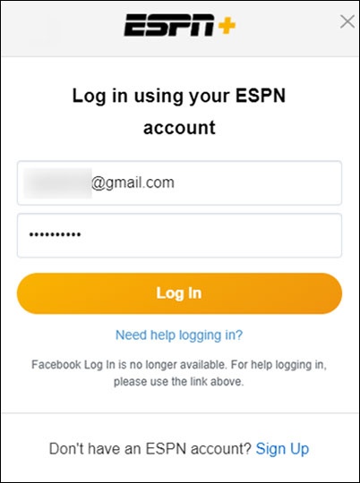 ESPN+ Enter email and password