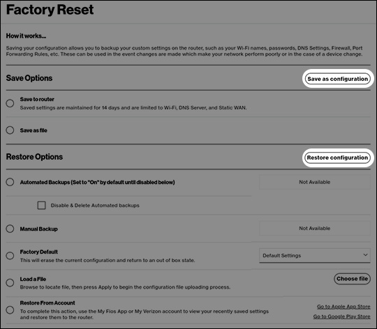 Factory Reset menu