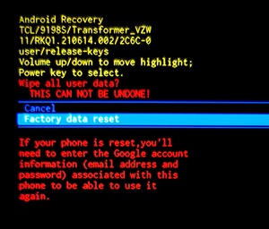 Android recovery screen with Factory data reset