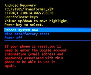 Android recovery screen with reboot system now