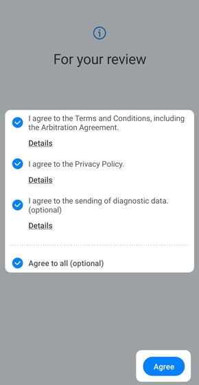 Terms and Conditions screen