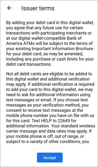 Issuer Terms screen