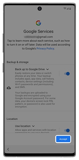 Google Services screen with emphasis on Accept
