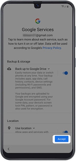 Google Services screen with emphasis on accept