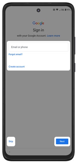 Google account Screen
