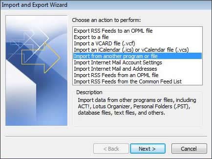 Import and Export Wizard screen with Import from another program or file emphasized