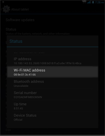 Status view Wi-Fi MAC Address