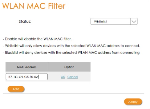 Verizon Orbic Speed - Manage MAC Filter Settings