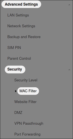 MAC filter menu