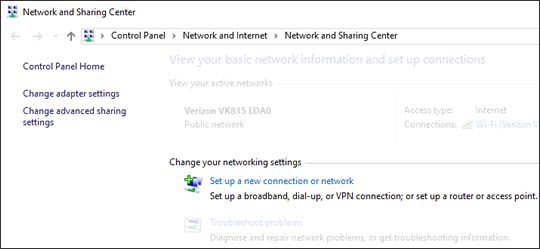 Network and Sharing Center with Set up a new connection or network