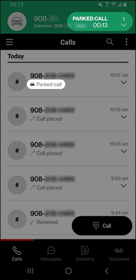 Call list showing parked call