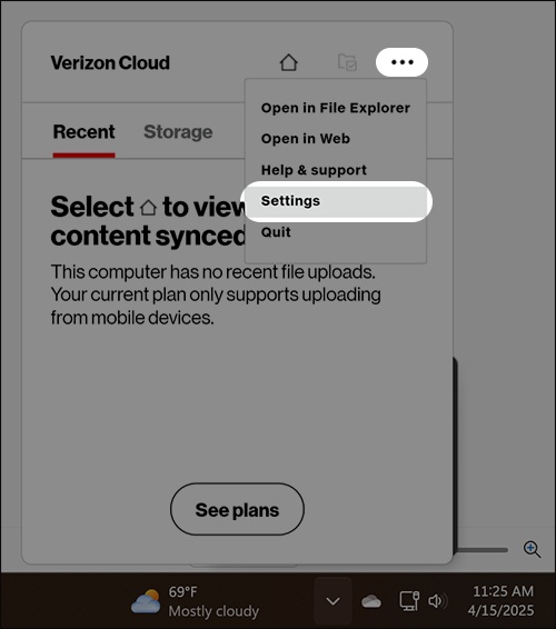 Cloud desktop app popped up from taskbar with 3-dot Options icon and Settings highlighted