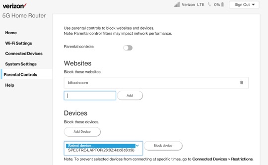 Router Parental Controls screen