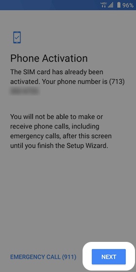 Phone activation screen