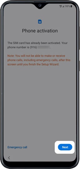 Phone activation screen with next highlighted