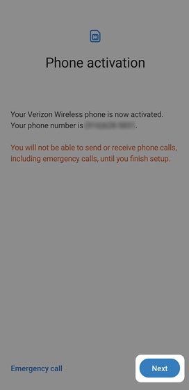 Phone activation screen with next highlighted