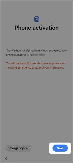 Phone activation screen with next highlighted