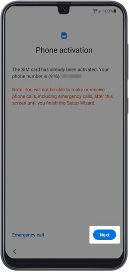 Phone activation screen with next highlighted