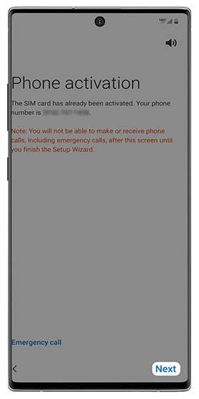 Phone activation screen with next highlighted