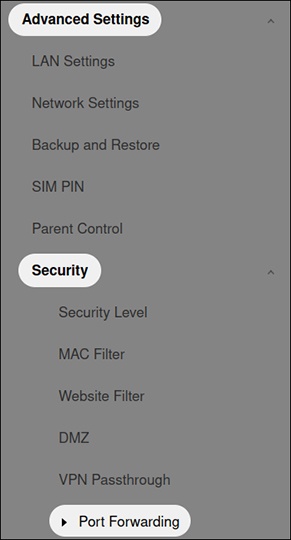 Port Forwarding menu