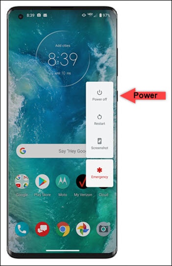 Phone showing Power menu and Power button