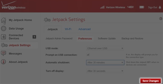 Jetpack Settings Preferences Automatic Shutdown select Save Changes