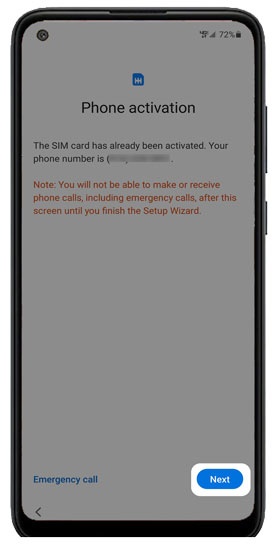 Phone activation screen