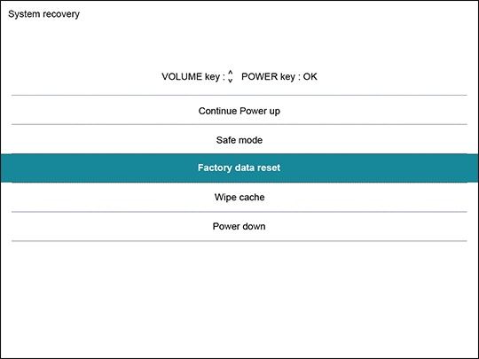 System recovery screen with Factory data reset selected