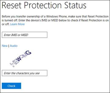 Reset Protection Status Website page
