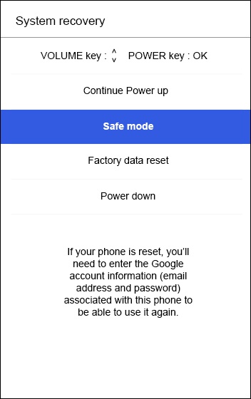 Recovery Mode screen with Safe mode selected