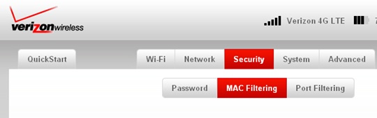 Security tab with MAC Filtering
