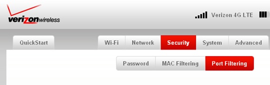 Security tab with Port Filtering