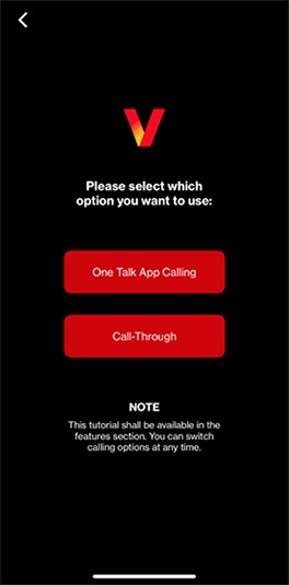 Screen where user selects the preferred calling option