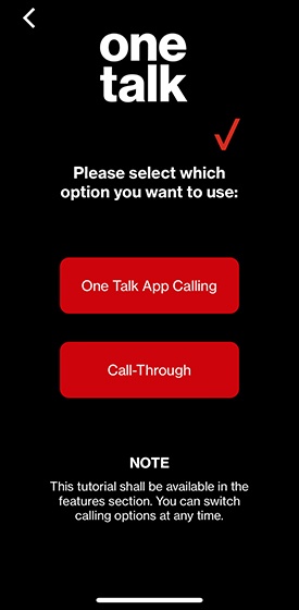 Screen where user selects the preferred calling option