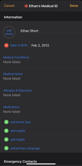 Enter Medical ID info