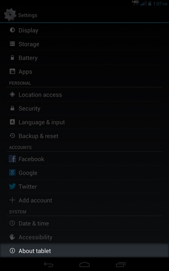 Settings select About tablet