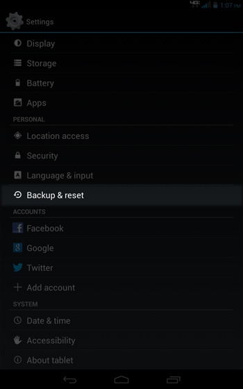 Settings select Backup & Reset