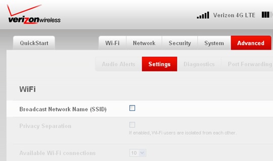 Settings with Broadcast Network Name (SSID)