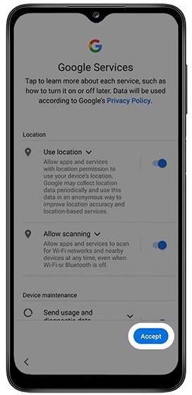 Google Services screen with emphasis on accept