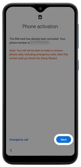 Phone activation screen with next highlighted