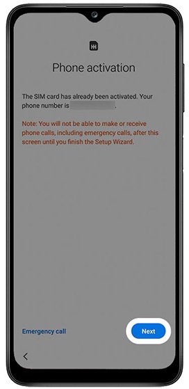 Phone activation screen with next highlighted